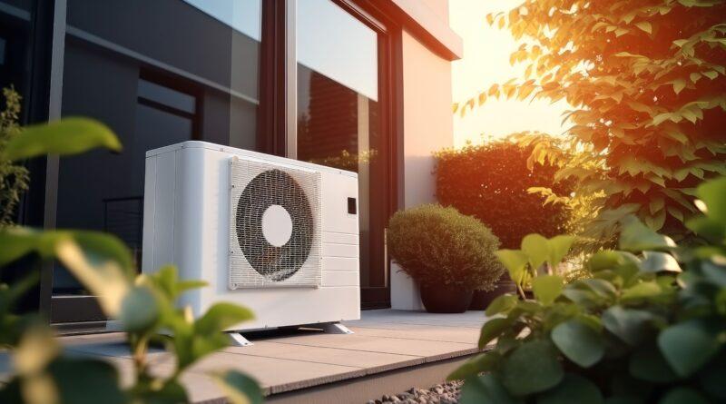 Eine Luftwärmepumpe, die außerhalb eines neuen modernen Hauses installiert wird, nachhaltige und saubere Energie zu Hause.