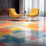 Stilvoller Raum mit farbenfrohen, fugenlosen Fliesen, die ein modernes und lebendiges Ambiente schaffen. Gelbe Stühle und ein minimalistischer Tisch ergänzen das Design.